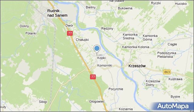 mapa Kopki, Kopki gmina Rudnik nad Sanem na mapie Targeo